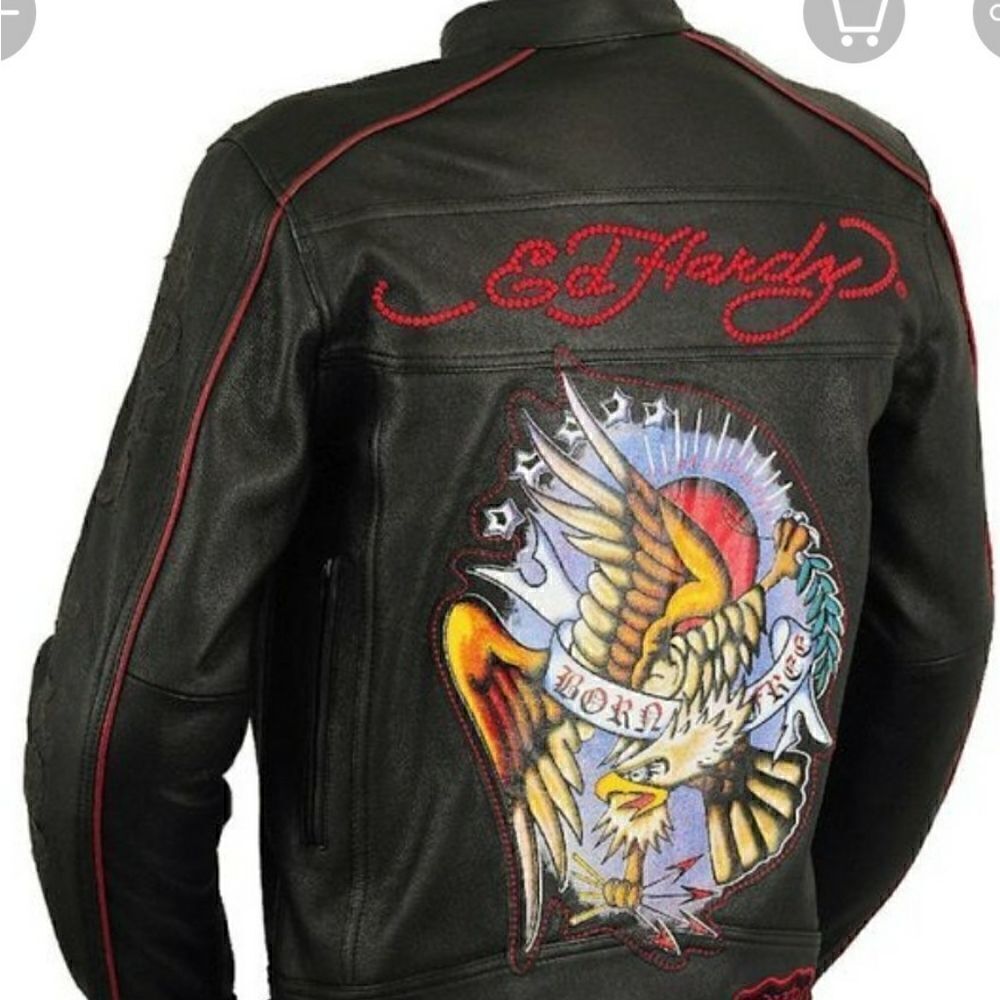 Rare Ed Hardy moto biker leather hooded jacket padded Born Free L